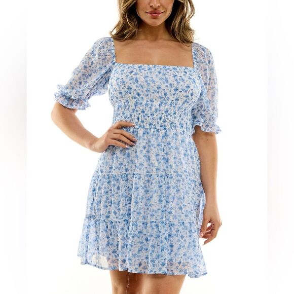 Blue & White Floral-Print Smocked-Waist Tiered Dress with Short Bubble Sleeves - Picture 1 of 4